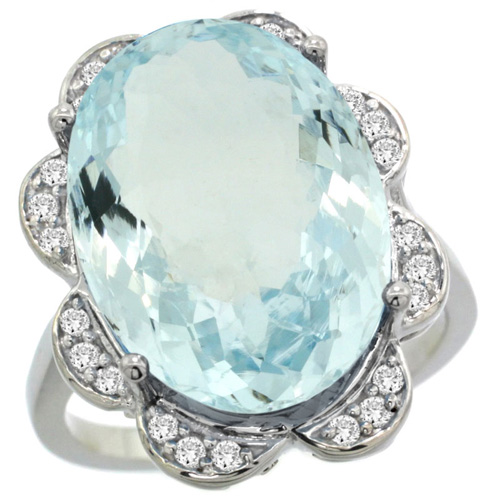 14k White Gold Natural Aquamarine Ring Oval 18x13mm Diamond Floral Halo, 3/4inch wide, sizes 5 - 10 