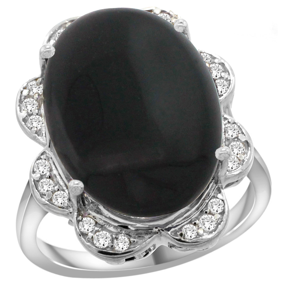 14k White Gold Natural Black Onyx Ring Oval 18x13mm Diamond Floral Halo, 3/4inch wide, sizes 5 - 10 