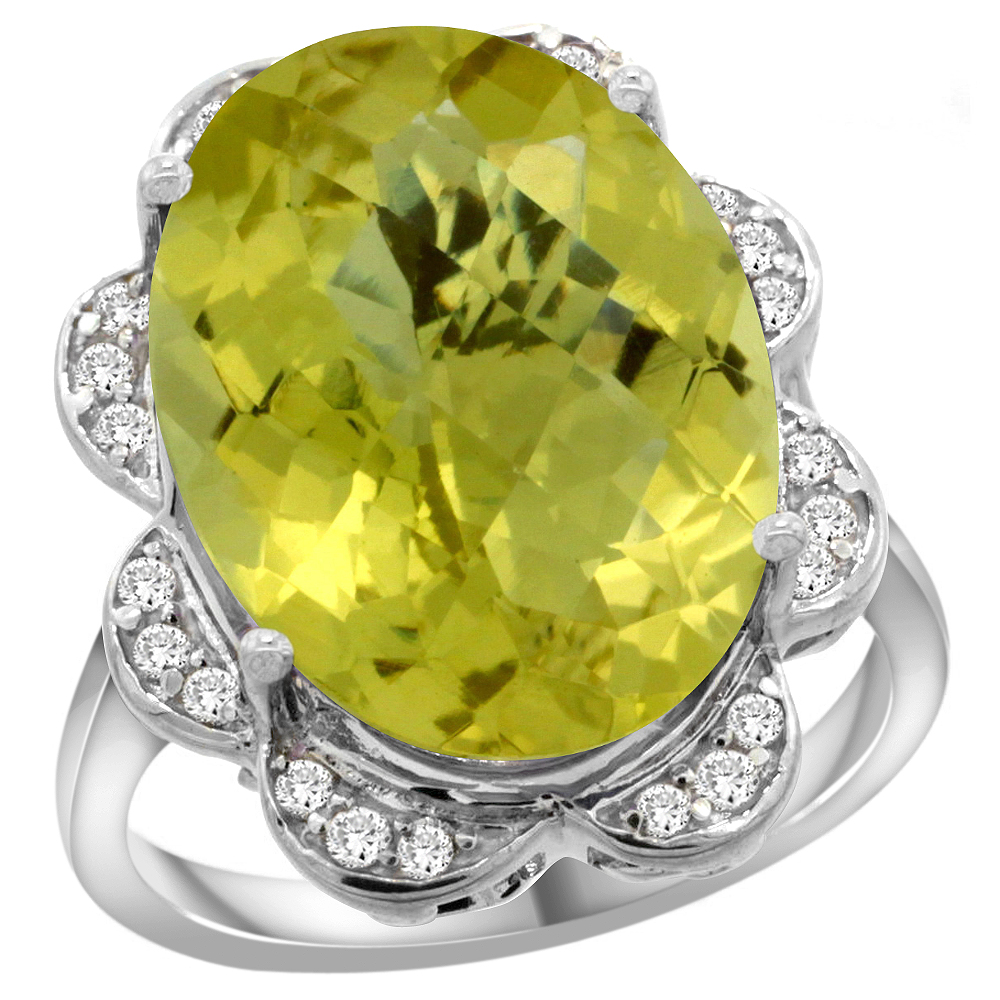 14k White Gold Natural Lemon Quartz Ring Oval 18x13mm Diamond Floral Halo, 3/4inch wide, sizes 5 - 10 