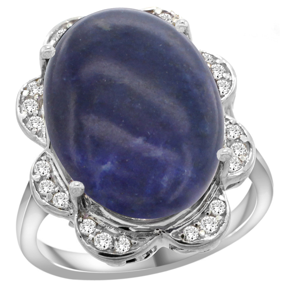 14K WHITE GOLD NATURAL LAPIS RING OVAL 18X13MM DIAMOND FLORAL HALO, 3/4INCH WIDE, SIZES 5 - 10
