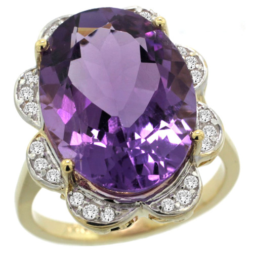 14k Yellow Gold Natural Amethyst Ring Oval 18x13mm Diamond Floral Halo, 3/4inch wide, sizes 5 - 10 