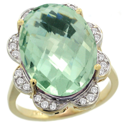14k Yellow Gold Natural Green Amethyst Ring Oval 18x13mm Diamond Floral Halo, 3/4inch wide, sizes 5 - 10 