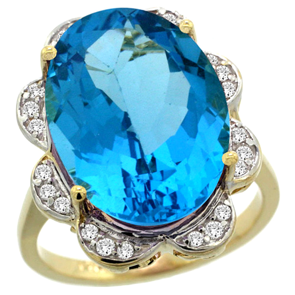 14K YELLOW GOLD NATURAL SWISS BLUE TOPAZ RING OVAL 18X13MM DIAMOND FLORAL HALO, 3/4INCH WIDE, SIZES 5 - 10