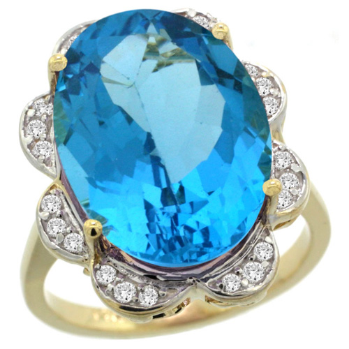 14k Yellow Gold Natural Swiss Blue Topaz Ring Oval 18x13mm Diamond Floral Halo, 3/4inch wide, sizes 5 - 10 