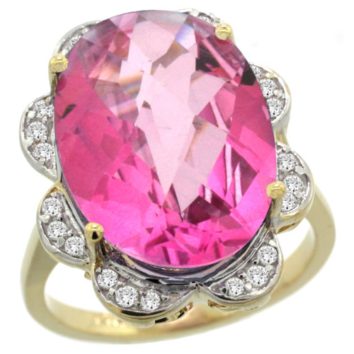 14k Yellow Gold Natural Pink Topaz Ring Oval 18x13mm Diamond Floral Halo, 3/4inch wide, sizes 5 - 10 