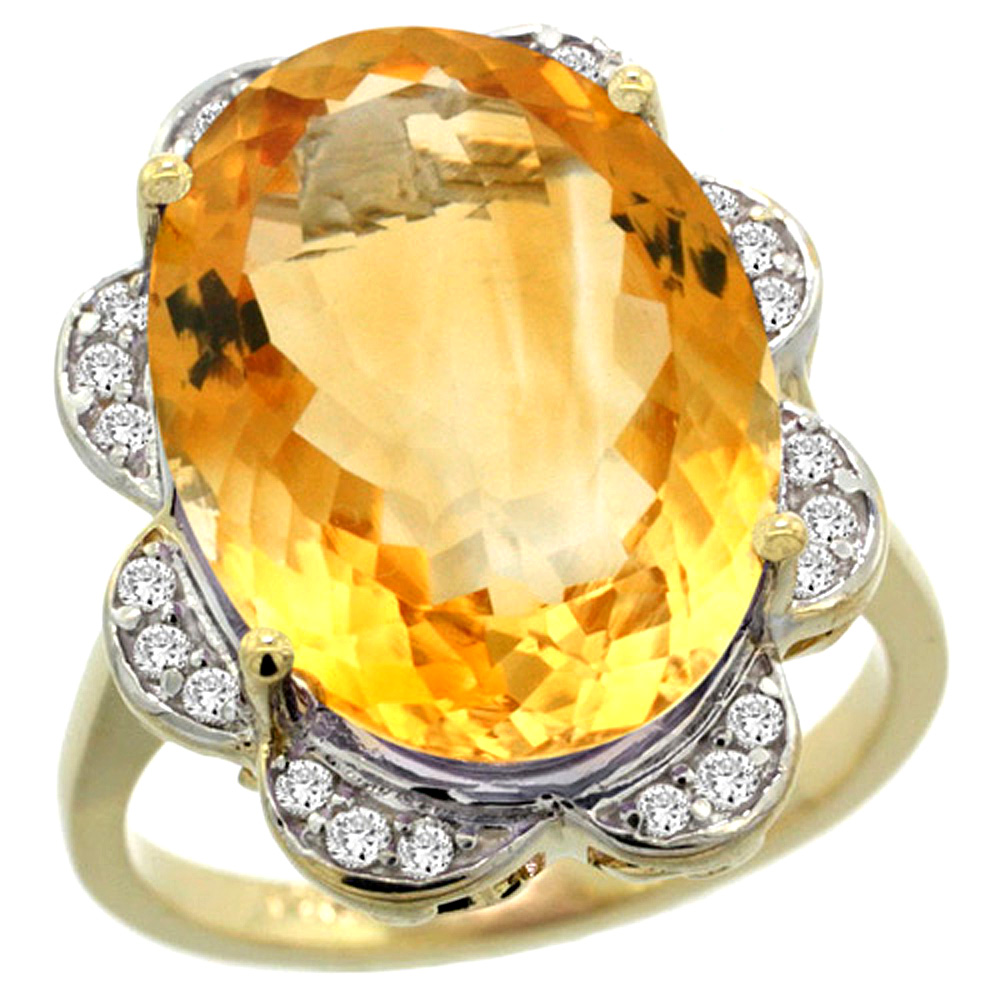 14K YELLOW GOLD NATURAL CITRINE RING OVAL 18X13MM DIAMOND FLORAL HALO, 3/4INCH WIDE, SIZES 5 - 10