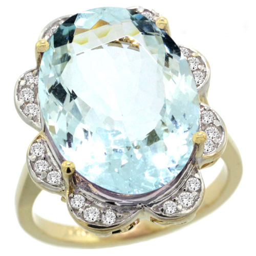 14k Yellow Gold Natural Aquamarine Ring Oval 18x13mm Diamond Floral Halo, 3/4inch wide, sizes 5 - 10 