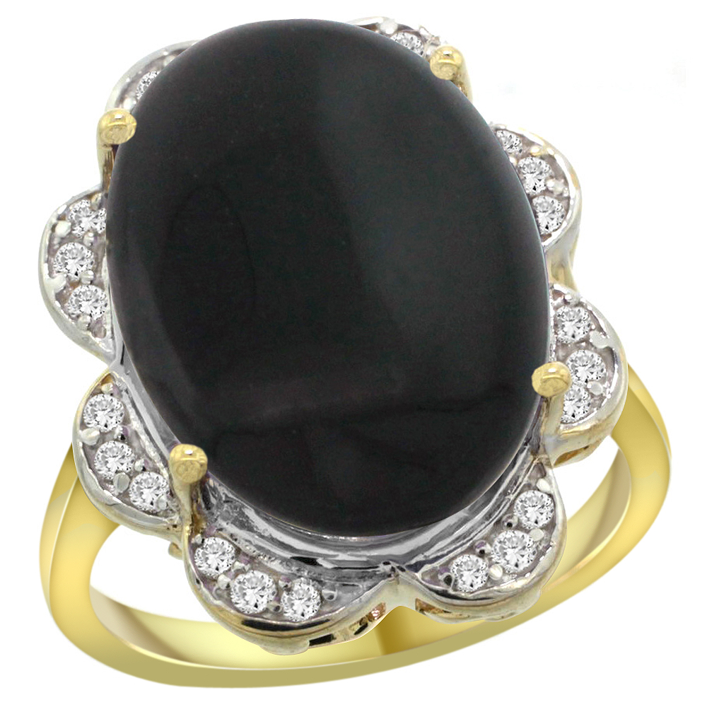 14k Yellow Gold Natural Black Onyx Ring Oval 18x13mm Diamond Floral Halo, 3/4inch wide, sizes 5 - 10 