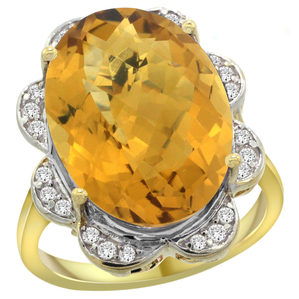 14K YELLOW GOLD NATURAL WHISKY QUARTZ RING OVAL 18X13MM DIAMOND FLORAL HALO, 3/4INCH WIDE, SIZES 5 - 10
