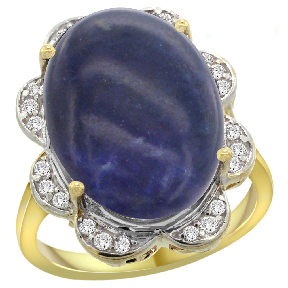 14k Yellow Gold Natural Lapis Ring Oval 18x13mm Diamond Floral Halo, 3/4inch wide, sizes 5 - 10 