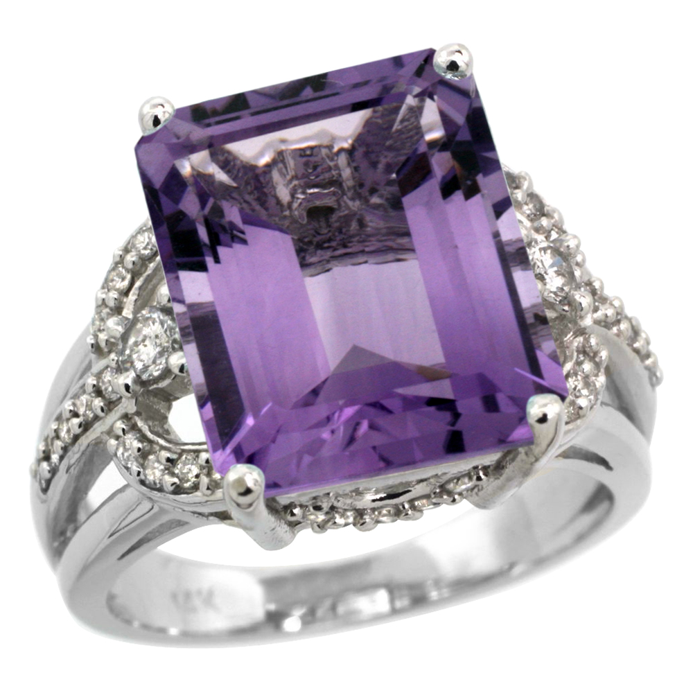 14K WHITE GOLD 0.5CT DIAMOND GENUINE AMETHYST ENGAGEMENT RING 14X10MM EMERALD CUT, SIZE 5-10