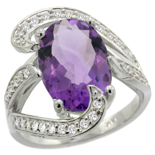 14k White Gold Natural Amethyst Ring Oval 14x10mm Diamond Accent, 3/4 inch wide, sizes 5 - 10 