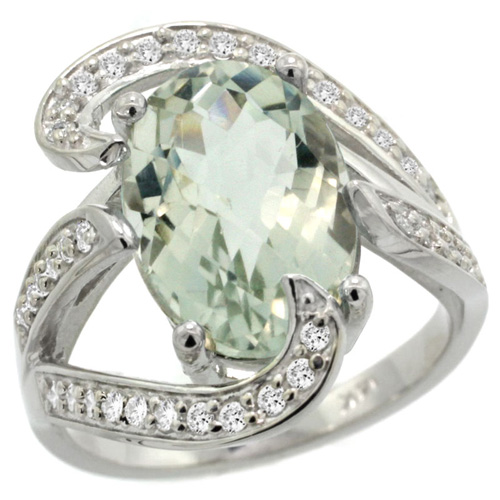 14k White Gold Natural Green Amethyst Ring Oval 14x10mm Diamond Accent, 3/4 inch wide, sizes 5 - 10 