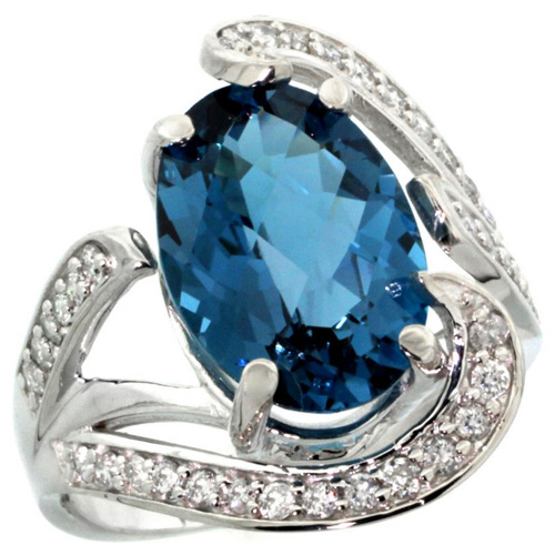 14k White Gold Natural London Blue Topaz Ring Oval 14x10mm Diamond Accent, 3/4 inch wide, sizes 5 - 10 