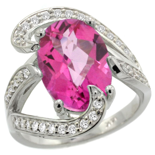 14k White Gold Natural Pink Topaz Ring Oval 14x10mm Diamond Accent, 3/4 inch wide, sizes 5 - 10 