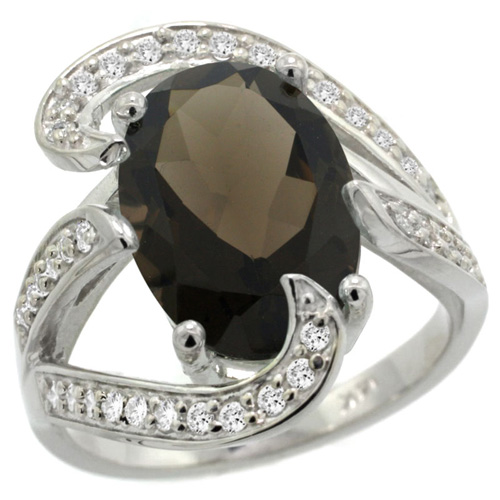 14k White Gold Natural Smoky Topaz Ring Oval 14x10mm Diamond Accent, 3/4 inch wide, sizes 5 - 10 