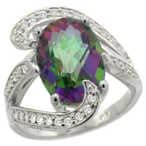 14k White Gold Natural Mystic Topaz Ring Oval 14x10mm Diamond Accent, 3/4 inch wide, sizes 5 - 10 