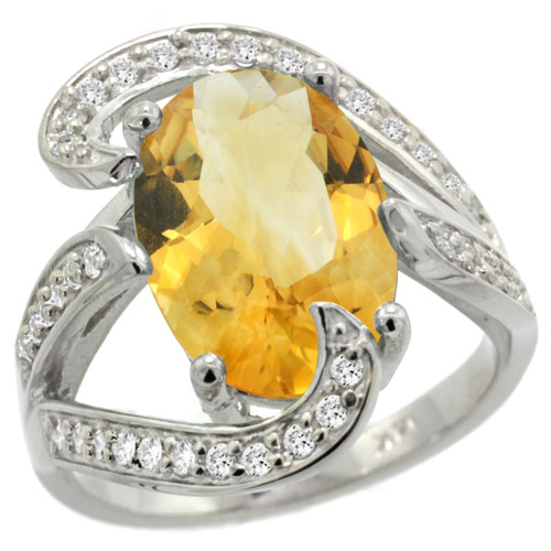 14k White Gold Natural Citrine Ring Oval 14x10mm Diamond Accent, 3/4 inch wide, sizes 5 - 10 