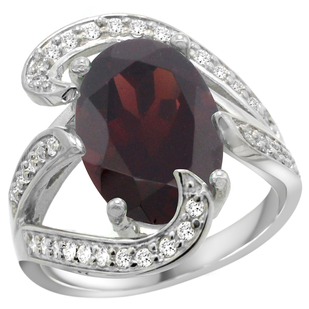 14k White Gold Natural Garnet Ring Oval 14x10mm Diamond Accent, 3/4 inch wide, sizes 5 - 10 
