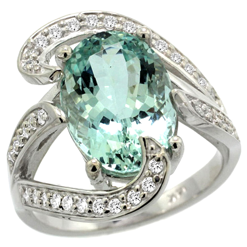 14K WHITE GOLD NATURAL AQUAMARINE RING OVAL 14X10MM DIAMOND ACCENT, 3/4 INCH WIDE, SIZES 5 - 10