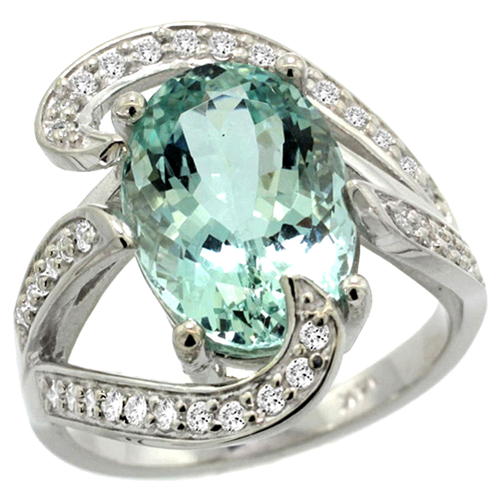 14k White Gold Natural Aquamarine Ring Oval 14x10mm Diamond Accent, 3/4 inch wide, sizes 5 - 10 