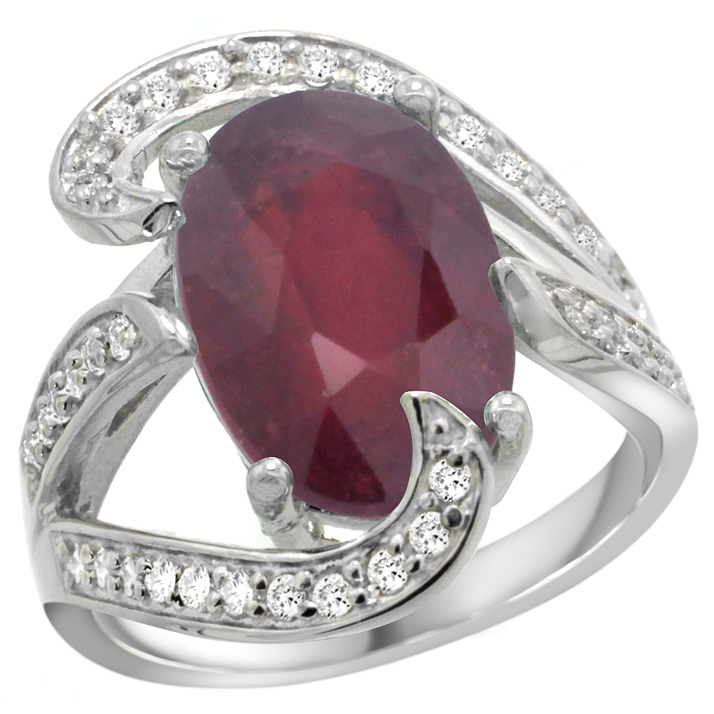 14k White Gold Natural Enhanced Ruby Ring Oval 14x10mm Diamond Accent, 3/4 inch wide, sizes 5 - 10 
