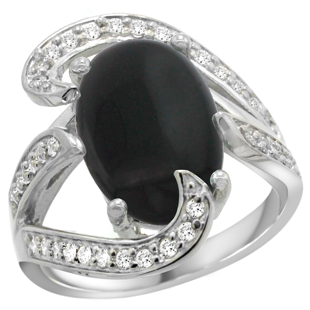 14k White Gold Natural Black Onyx Ring Oval 14x10mm Diamond Accent, 3/4 inch wide, sizes 5 - 10 