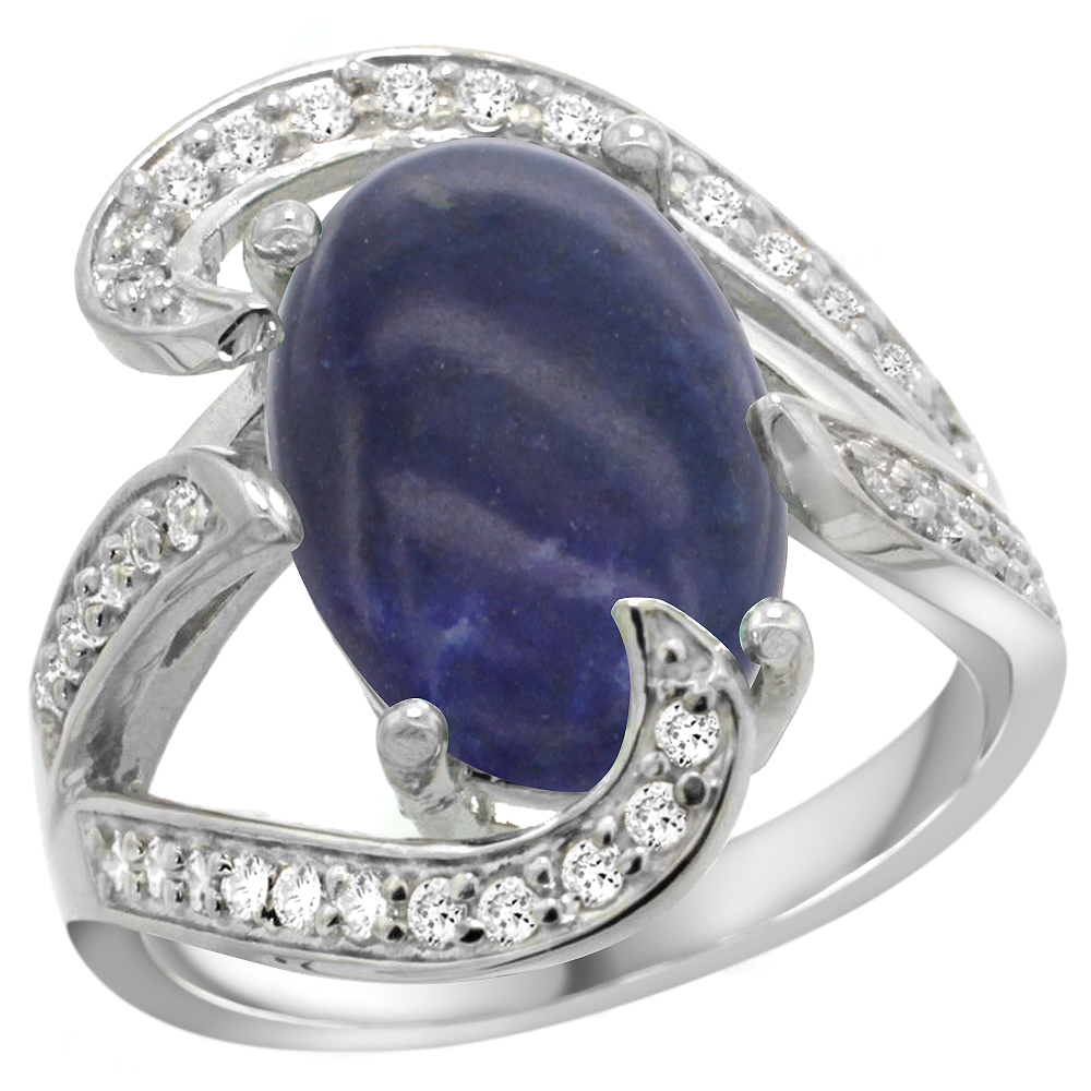 14k White Gold Natural Lapis Ring Oval 14x10mm Diamond Accent, 3/4 inch wide, sizes 5 - 10 
