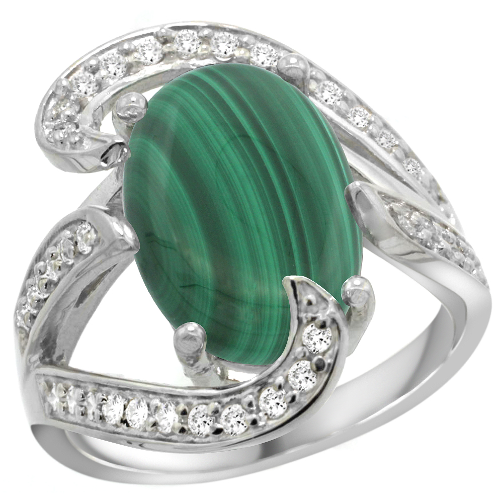 14k White Gold Natural Malachite Ring Oval 14x10mm Diamond Accent, 3/4 inch wide, sizes 5 - 10 