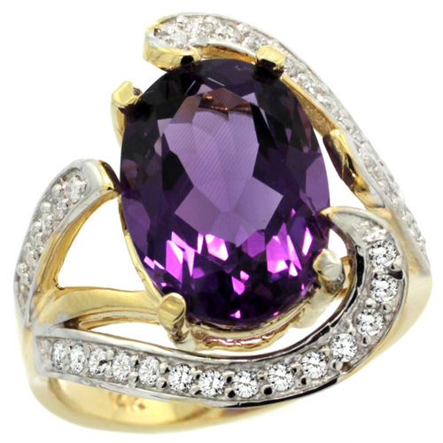 14k Yellow Gold Natural Amethyst Ring Oval 14x10mm Diamond Accent, 3/4 inch wide, sizes 5 - 10 