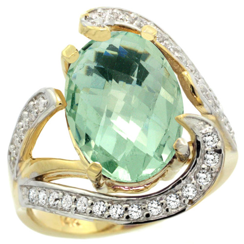 14k Yellow Gold Natural Green Amethyst Ring Oval 14x10mm Diamond Accent, 3/4 inch wide, sizes 5 - 10 