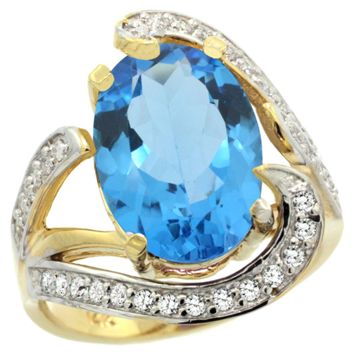 14k Yellow Gold Natural Swiss Blue Topaz Ring Oval 14x10mm Diamond Accent, 3/4 inch wide, sizes 5 - 10 