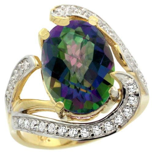 14k Yellow Gold Natural Mystic Topaz Ring Oval 14x10mm Diamond Accent, 3/4 inch wide, sizes 5 - 10 