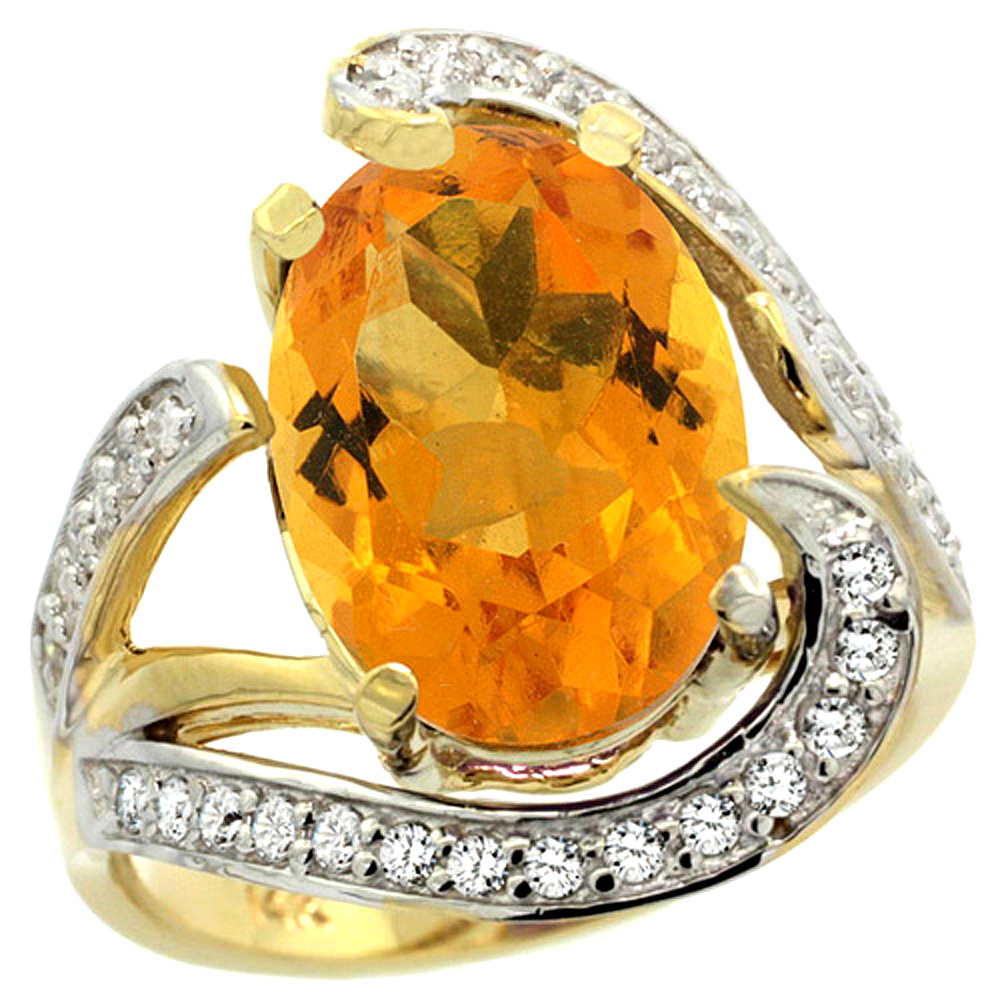 14K YELLOW GOLD NATURAL CITRINE RING OVAL 14X10MM DIAMOND ACCENT, 3/4 INCH WIDE, SIZES 5 - 10