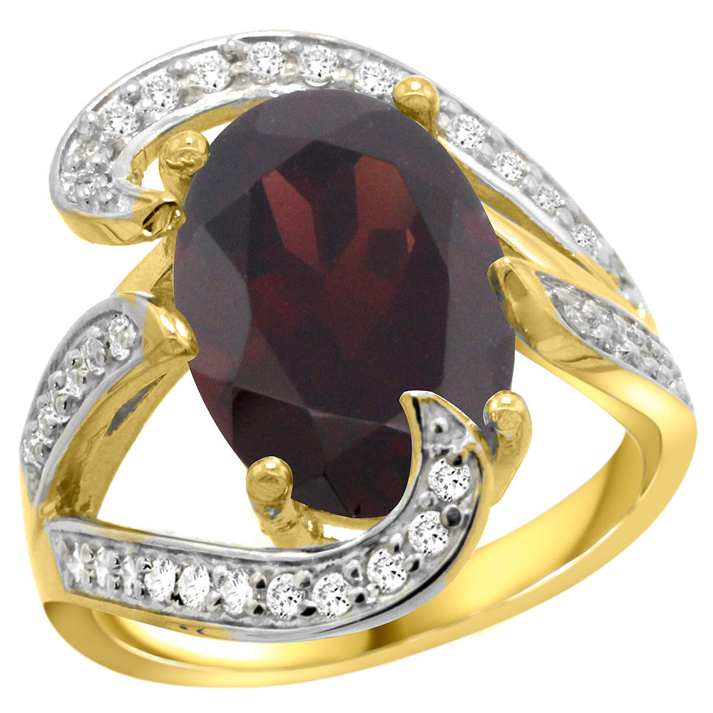 14K YELLOW GOLD NATURAL GARNET RING OVAL 14X10MM DIAMOND ACCENT, 3/4 INCH WIDE, SIZES 5 - 10