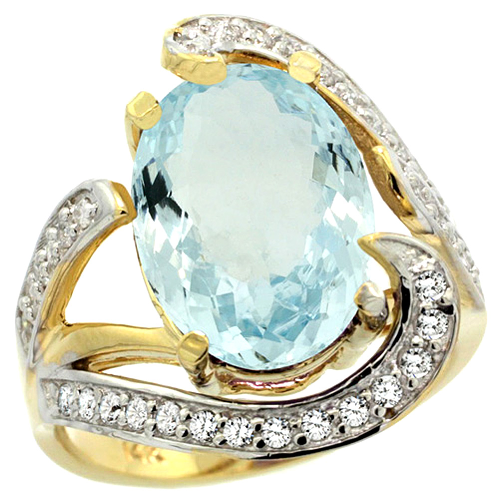 14k Yellow Gold Natural Aquamarine Ring Oval 14x10mm Diamond Accent, 3/4 inch wide, sizes 5 - 10 