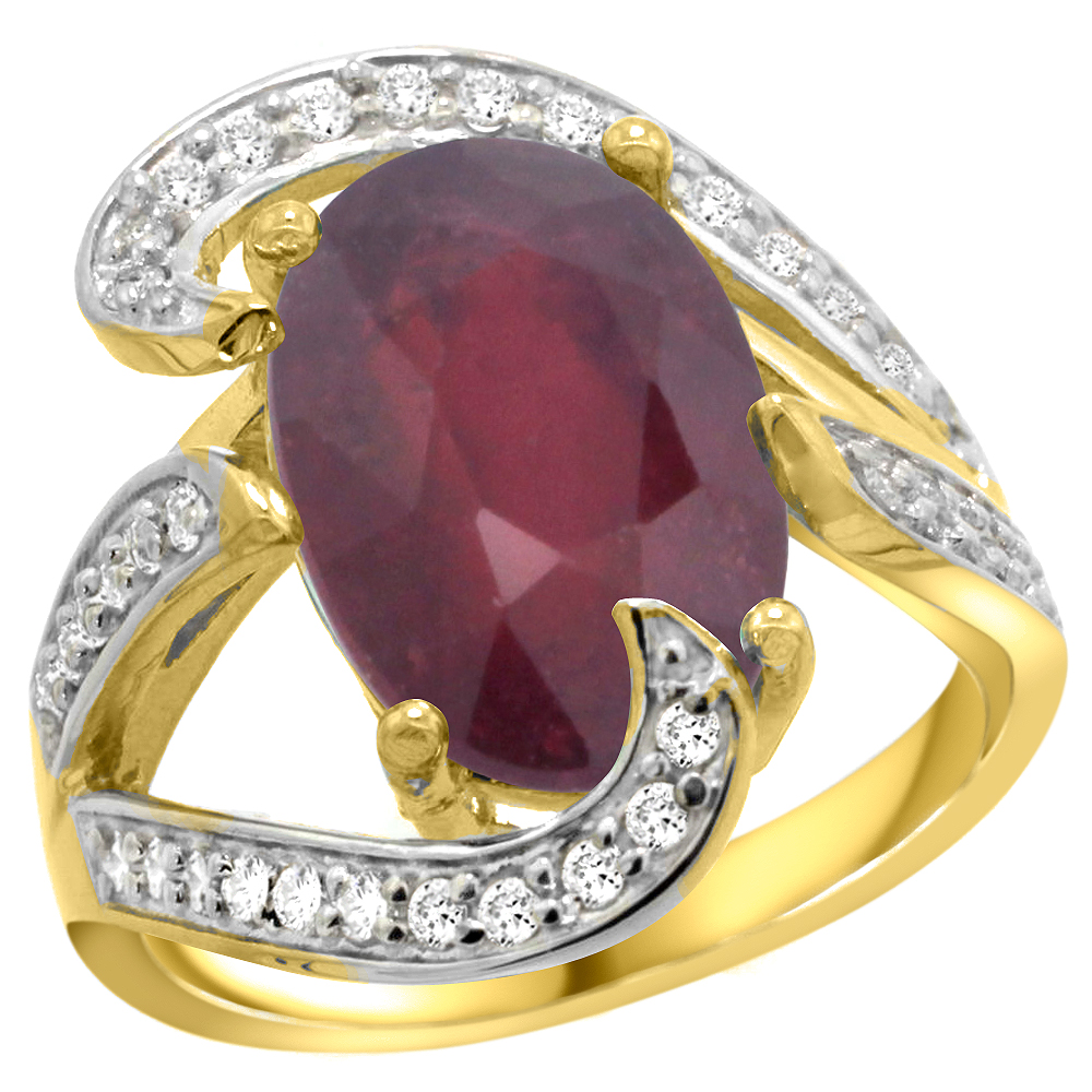 14K YELLOW GOLD NATURAL ENHANCED RUBY RING OVAL 14X10MM DIAMOND ACCENT, 3/4 INCH WIDE, SIZES 5 - 10