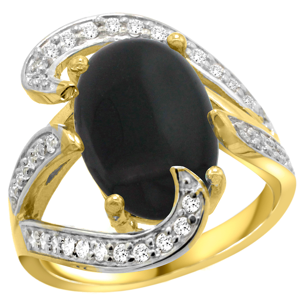 14K YELLOW GOLD NATURAL BLACK ONYX RING OVAL 14X10MM DIAMOND ACCENT, 3/4 INCH WIDE, SIZES 5 - 10