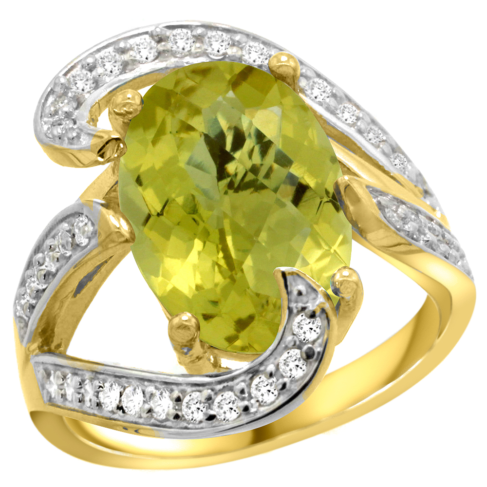 14K YELLOW GOLD NATURAL LEMON QUARTZ RING OVAL 14X10MM DIAMOND ACCENT, 3/4 INCH WIDE, SIZES 5 - 10