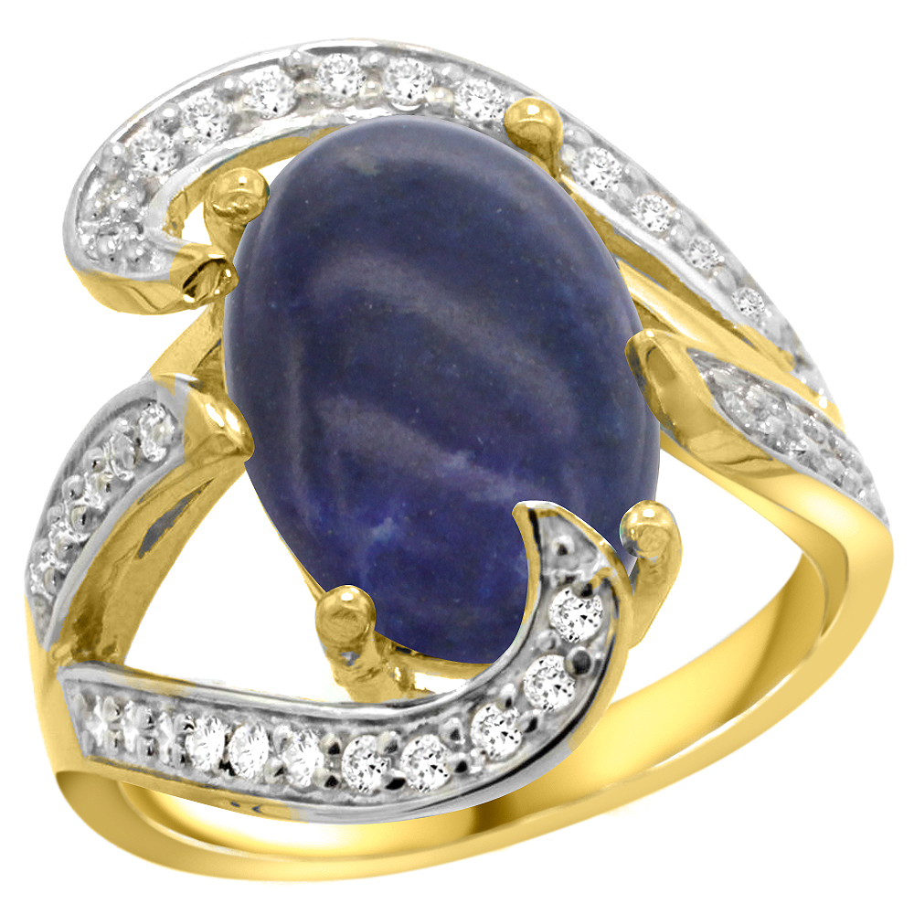 14K YELLOW GOLD NATURAL LAPIS RING OVAL 14X10MM DIAMOND ACCENT, 3/4 INCH WIDE, SIZES 5 - 10