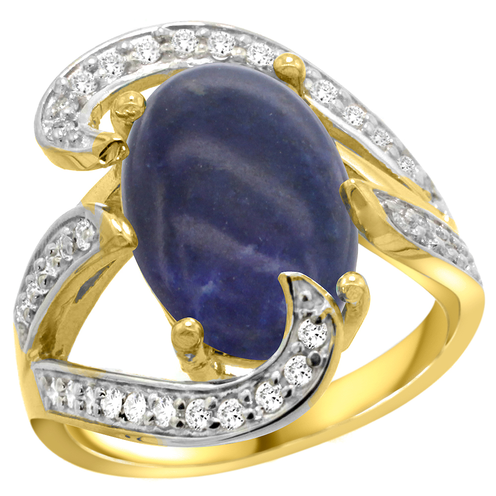 14k Yellow Gold Natural Lapis Ring Oval 14x10mm Diamond Accent, 3/4 inch wide, sizes 5 - 10 