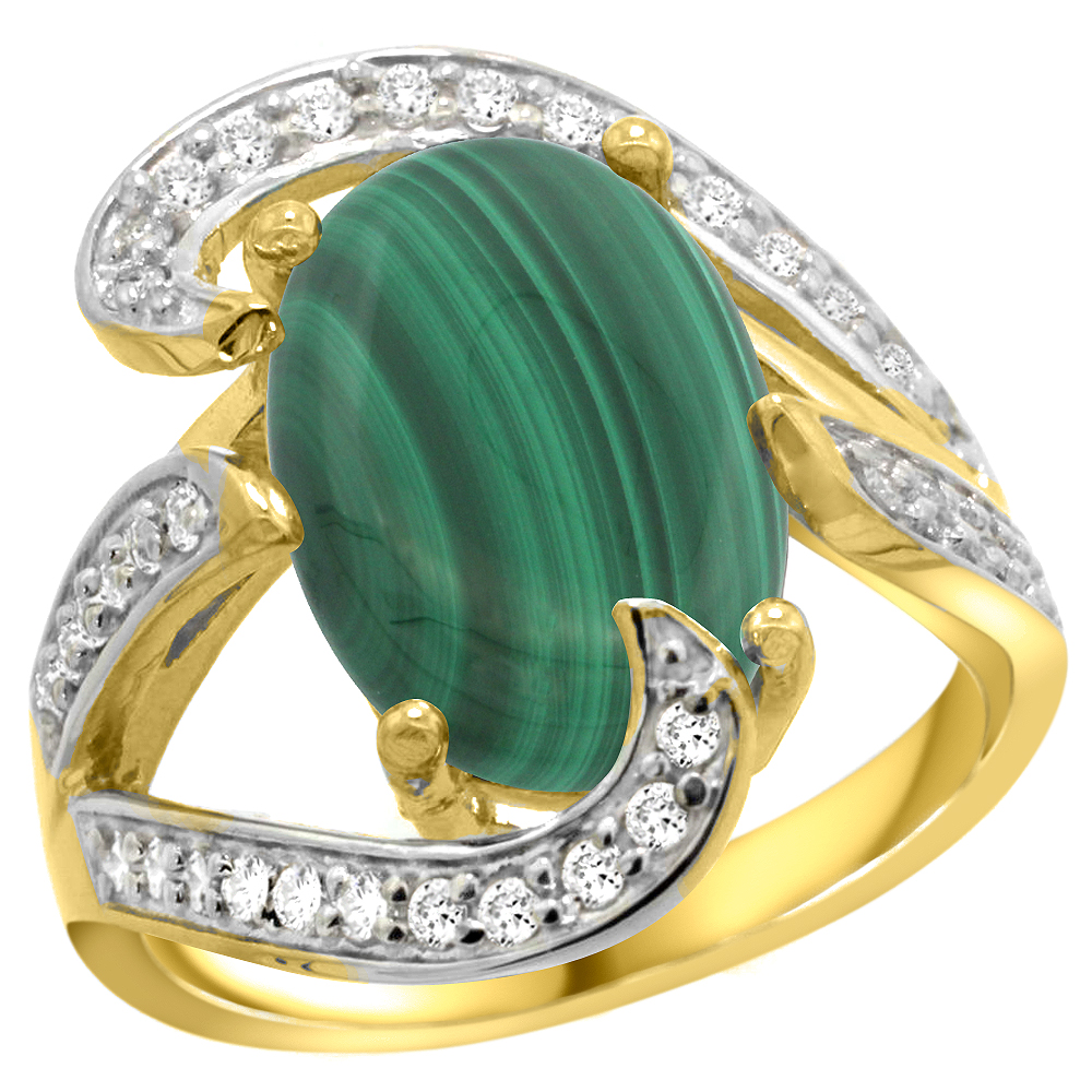 14k Yellow Gold Natural Malachite Ring Oval 14x10mm Diamond Accent, 3/4 inch wide, sizes 5 - 10 