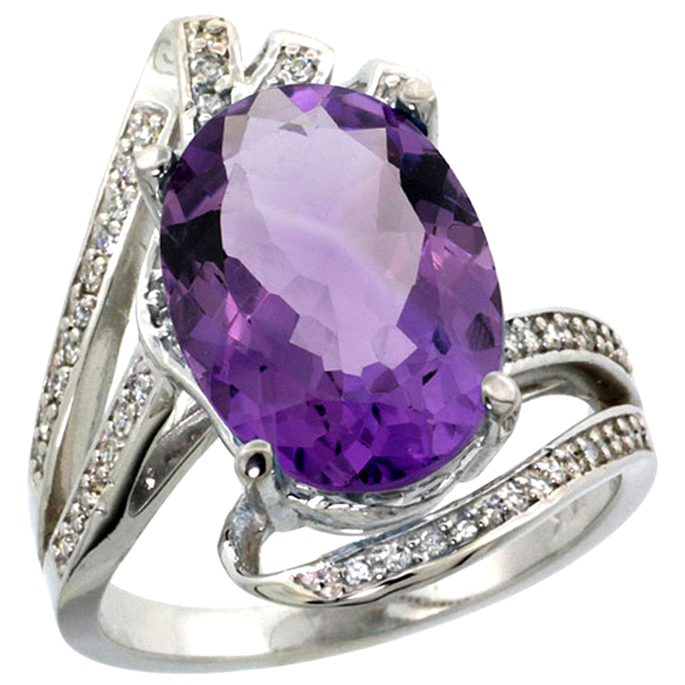 14k White Gold Stone Natural Amethyst Bypass Ring Diamond Accents Oval 14x10mm, sizes 5 - 10