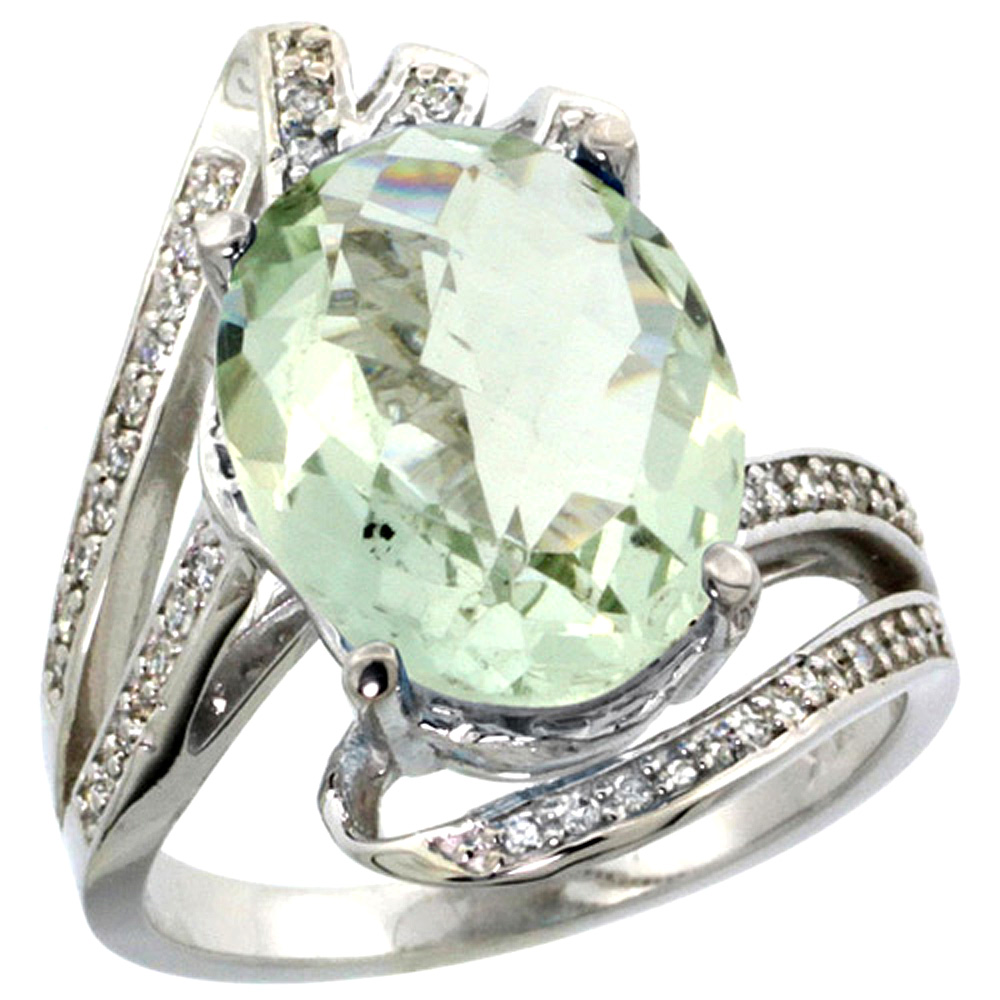 14K WHITE GOLD STONE NATURAL GREEN AMETHYST BYPASS RING DIAMOND ACCENTS OVAL 14X10MM, SIZES 5 - 10