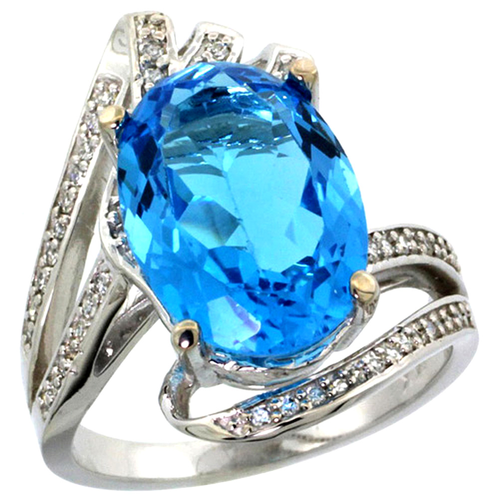 14K WHITE GOLD STONE NATURAL SWISS BLUE TOPAZ BYPASS RING DIAMOND ACCENTS OVAL 14X10MM, SIZES 5 - 10