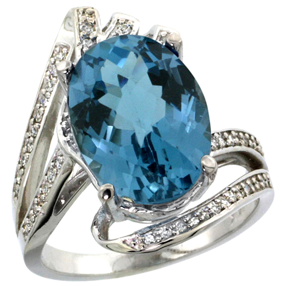 14K WHITE GOLD STONE NATURAL LONDON BLUE TOPAZ BYPASS RING DIAMOND ACCENTS OVAL 14X10MM, SIZES 5 - 10