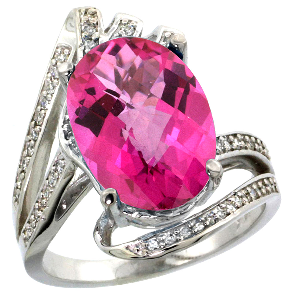 14k White Gold Stone Natural Pink Topaz Bypass Ring Diamond Accents Oval 14x10mm, sizes 5 - 10