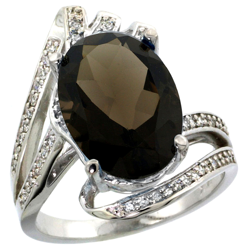 14K WHITE GOLD STONE NATURAL SMOKY TOPAZ BYPASS RING DIAMOND ACCENTS OVAL 14X10MM, SIZES 5 - 10