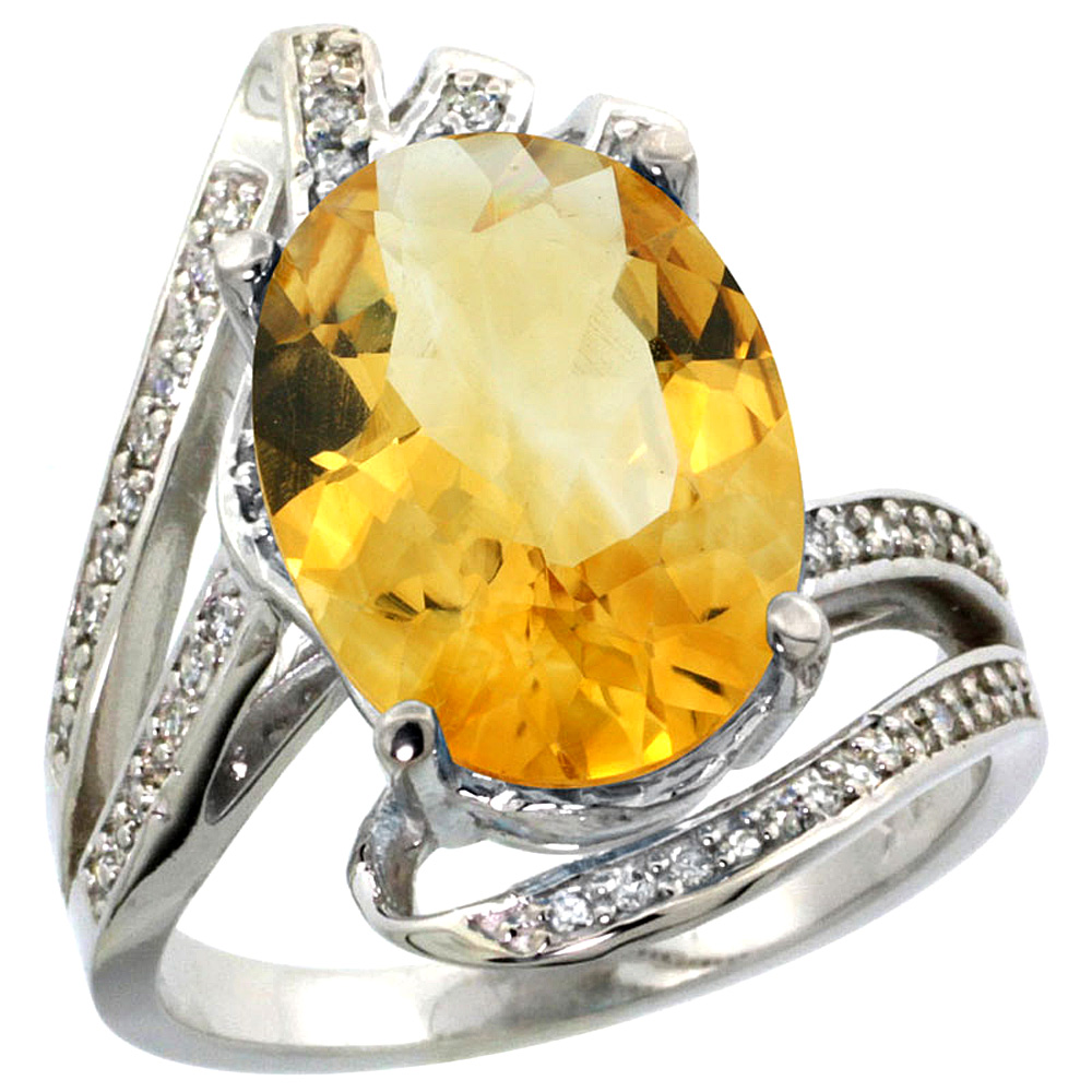 14K WHITE GOLD STONE NATURAL CITRINE BYPASS RING DIAMOND ACCENTS OVAL 14X10MM, SIZES 5 - 10