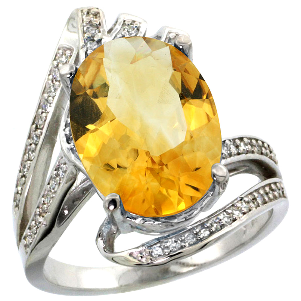 14k White Gold Stone Natural Citrine Bypass Ring Diamond Accents Oval 14x10mm, sizes 5 - 10